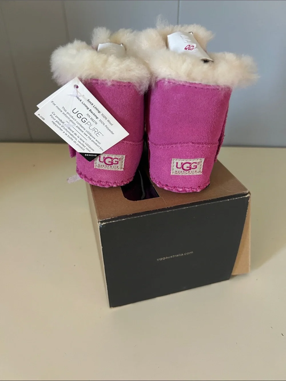 UGG Pink Suede Infant Booties with Shearling Cuff